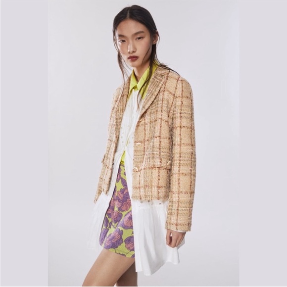 BLOGGERS FAV ZARA Cropped Textured Plaid Blazer size M - Picture 4 of 14